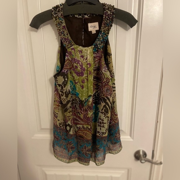 BOHO SLEEVELESS Beige by ECI choker fairy beaded, flowing blouse‎ women’s L - Picture 1 of 10
